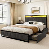 ROLETALENT Full Size Bed Frame with Headboard and Storage,Upholstered Bed Frame Full with Charging Station & LED,Velvet Platform Bed Frame with 2 Drawers,Metal Support,No Box Spring Needed，Dark Grey ROLETALENT