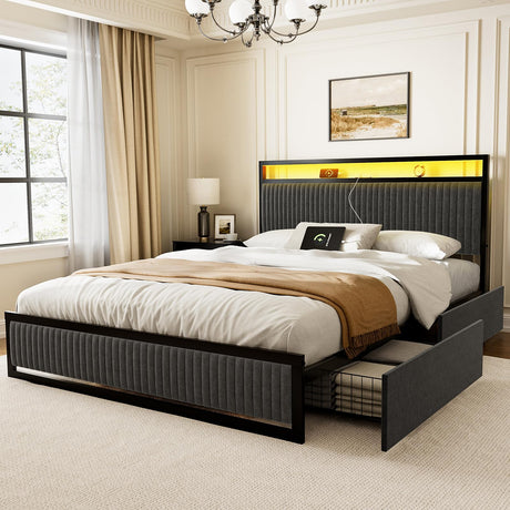 ROLETALENT Full Size Bed Frame with Headboard and Storage,Upholstered Bed Frame Full with Charging Station & LED,Velvet Platform Bed Frame with 2 Drawers,Metal Support,No Box Spring Needed，Dark Grey ROLETALENT