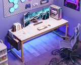 ODK Computer Desk Large Office Desk, 63 Inch Gaming Desk with Storage, Modern PC Desk Work Table with Headphone Hook for Home Office, Splice Board, White Marble + Gold Leg ODK