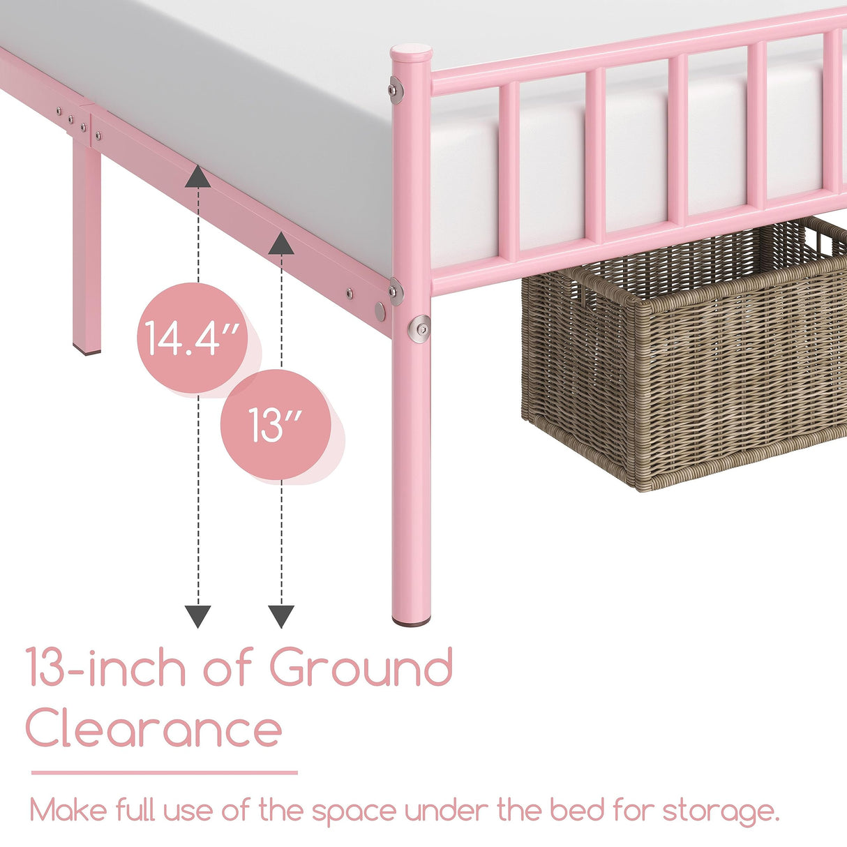 Yaheetech Twin Size Bed Frame Metal Platform Bed Frame Mattress Foundation with Spindle Headboard & Footboard/No Box Spring Needed/14 Inch Underbed Storage/Firm Support & Easy Set up Structure, Pink Yaheetech