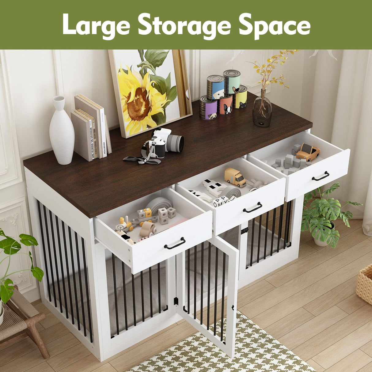 DAWNSPACES Extra Large Dog Crate Furniture with 3 Drawers, 55.3" Indoor Heavy Duty Dog Kennel House, Furniture Style Dog Crate Side End Table TV Stand for XL Large Medium Breed Dogs, White DAWNSPACES