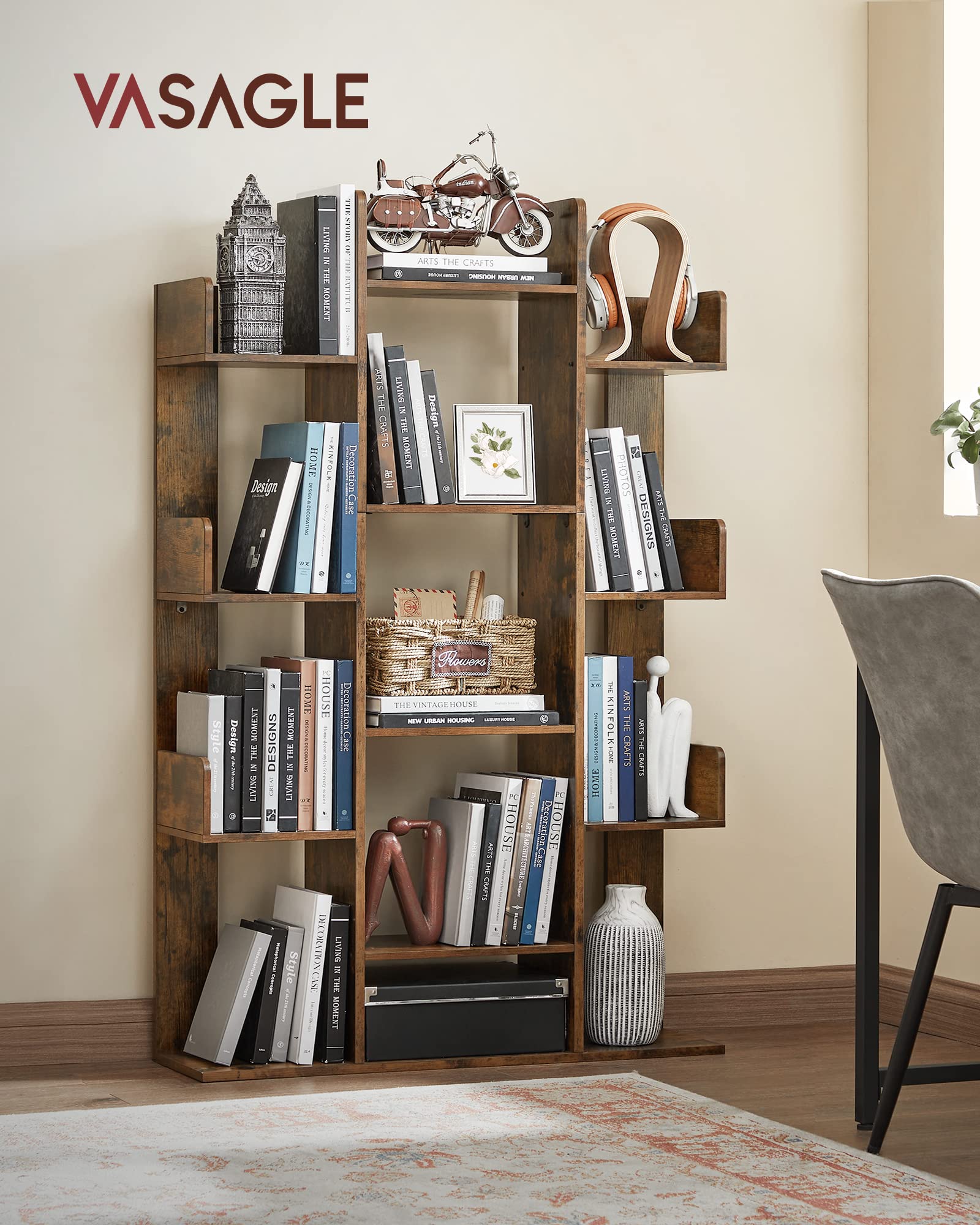 VASAGLE Tree-Shaped Bookshelf with 13 Shelves in Rustic Brown - WoodArtSupply