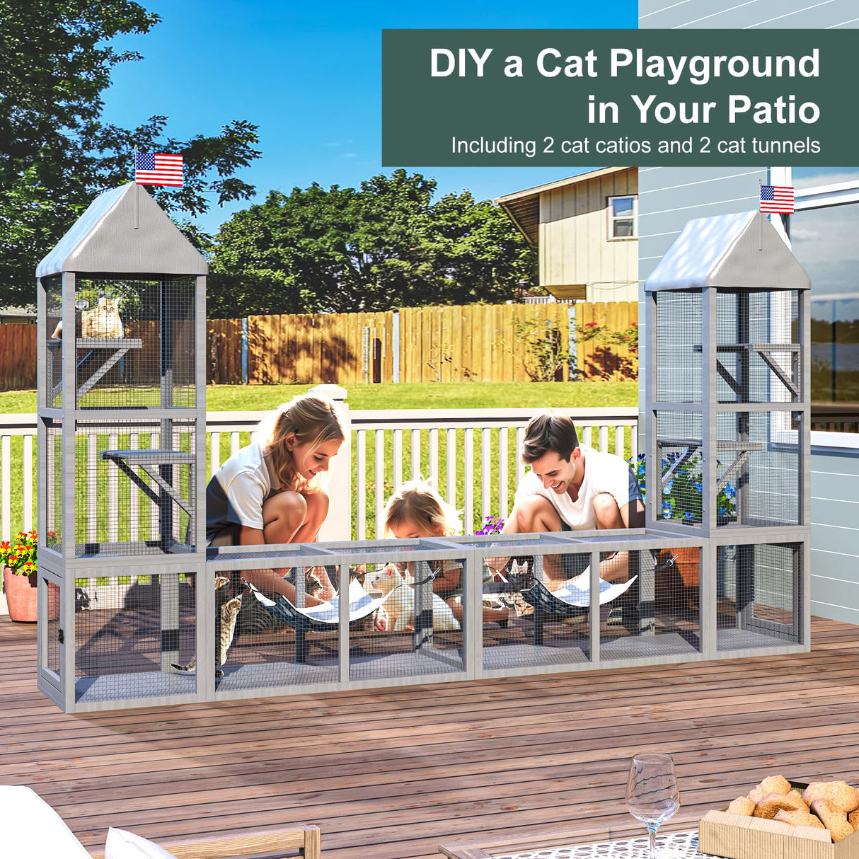TIMHAKA Catio Outdoor Cat Enclosure with Tunnel, 2 in 1 Outside Pet Playground Include 1 Catio and 1 Tunnel, Cat Enclosure with Cats Hammock and Waterproof Cover, Indoor Outdoor Cats Cage with 2 Door TIMHAKA