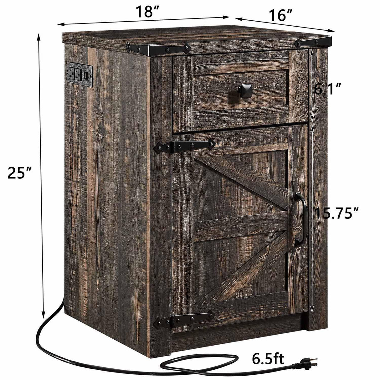 SOOWERY Nightstands Set of 2, Nightstand with Charging Station, Farmhouse End Table with Barn Door and Drawer, Rustic Wood Sofa Side Table for Bedroom, Living Room, Dark Rustic Oak SOOWERY