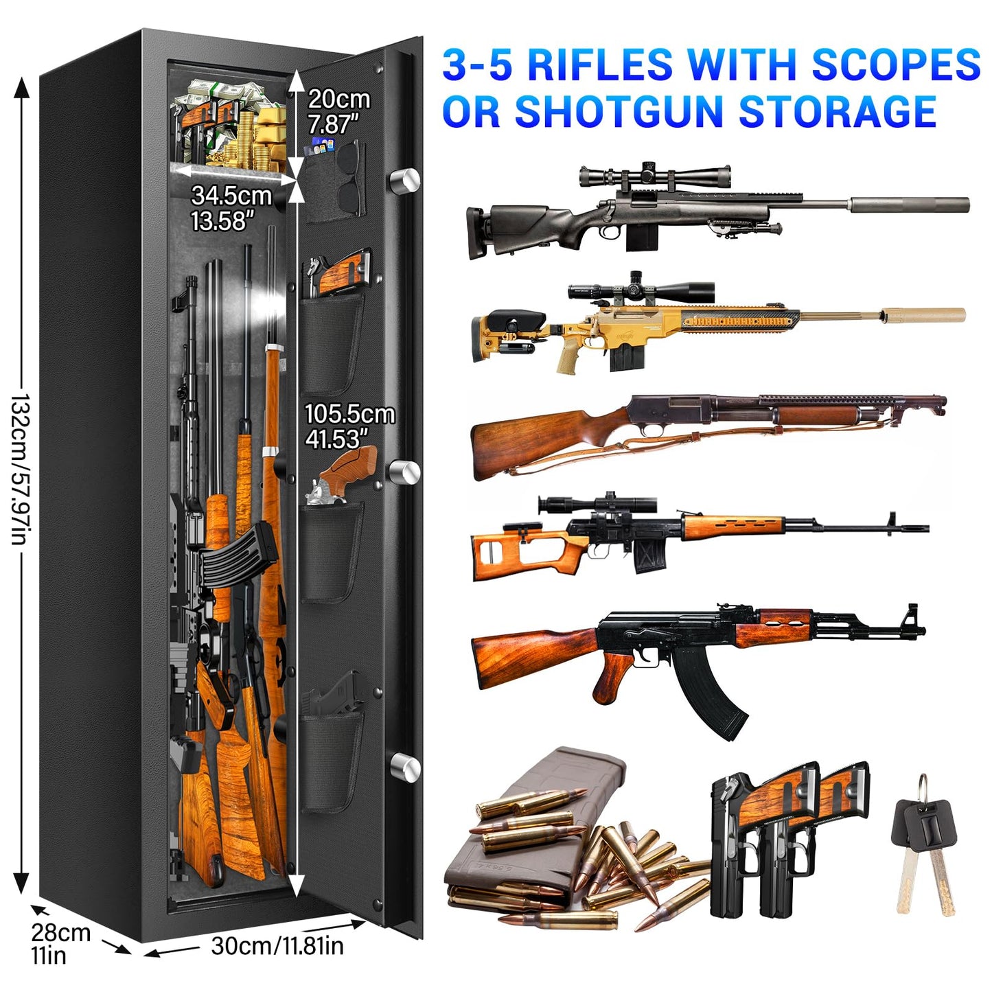 Fireproof Gun Safes for Home Rifle and Pistols, Heavy Duty Anti-Theft Long Gun Safes for Rifles and Shotguns with 3 Pistol Pockets, Gun Safe Rifle with LCD Digital Screen Removable Shelf(US Stock)