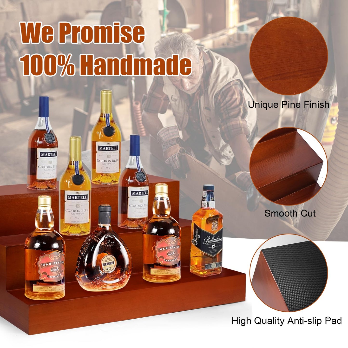 AGJIDSO Liquor Bar Bottle Display Shelf, 3 Tier Solid Wood Liquor Bottle Stand, Bar Liquor Shelves for Home, Bar, Kitchen