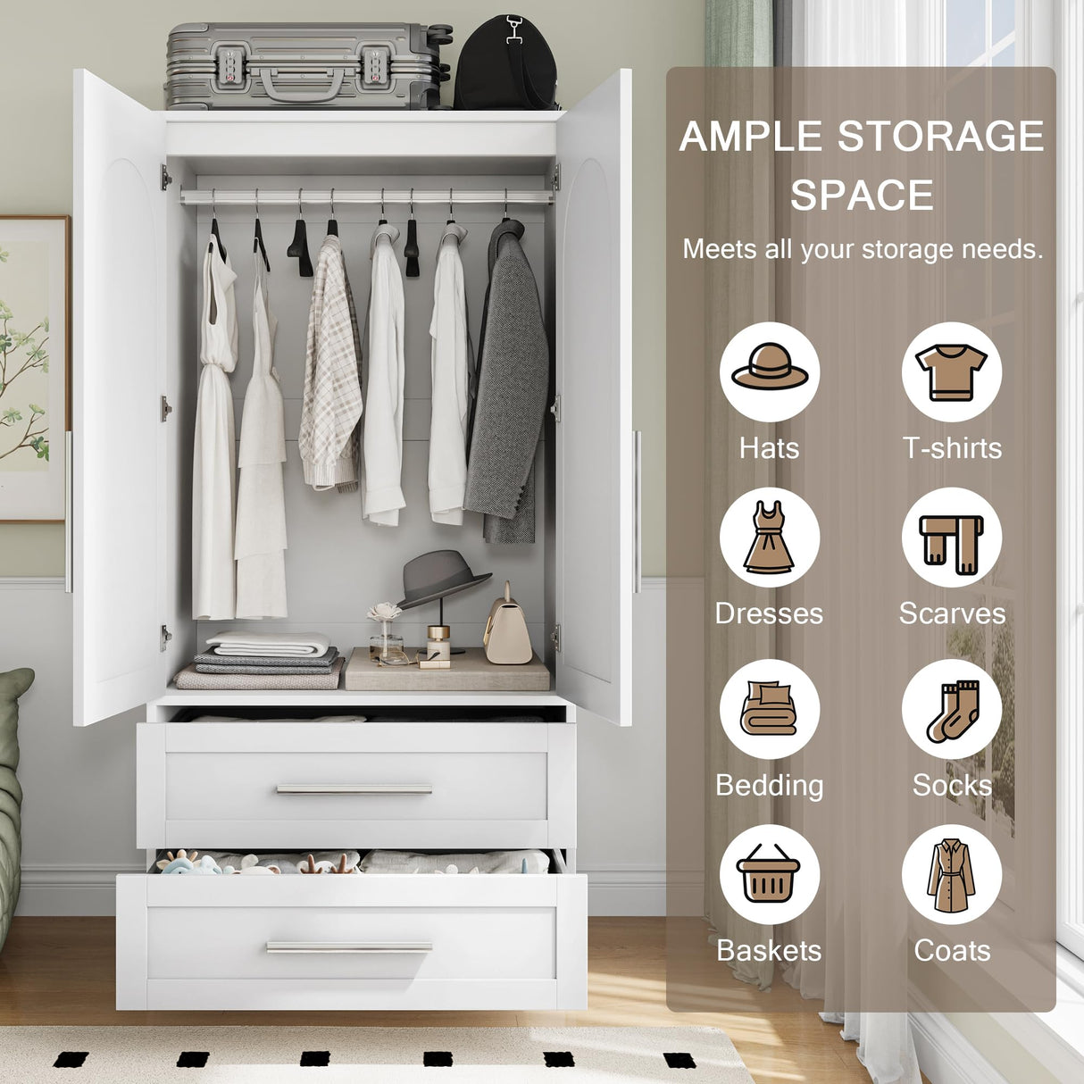 Einhomn Wooden Armoire Wardrobe Closet with 2 Doors and 2 Drawers,Bedroom Freestanding Armoire Storage Cabinet with Shelves,Tall Clothing Storage Cabinet for Bedroom,White Einhomn