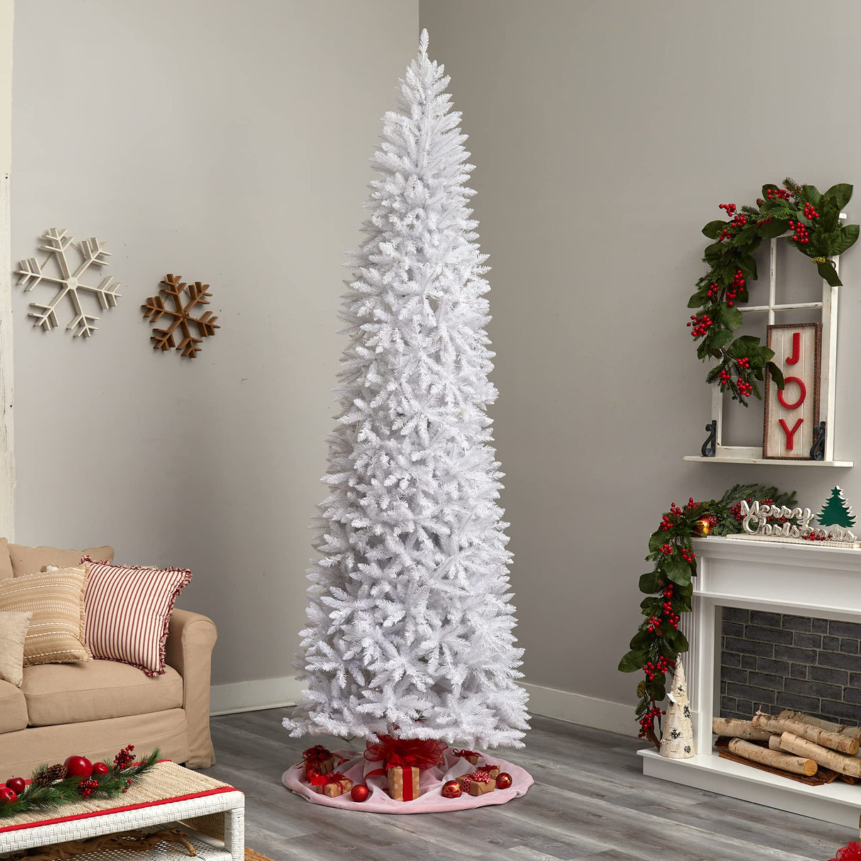 Nearly Natural 10ft. Slim White Artificial Christmas Tree with 800 Warm White LED Lights and 2420 Bendable Branches Nearly Natural