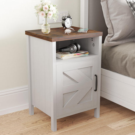 JUMMICO Farmhouse Nightstand, Modern Bedside Table Set of 2 with Barn Door and Shelf, Rustic End Table Side Table for Bedroom, Living Room (White) JUMMICO