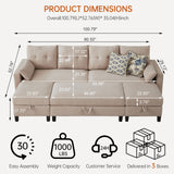 Convertible Sectional Sleeper Sofa with Storages, 100" U Shaped 4 Seater Couch with 2 Movable Ottomans and 1 Ottoman Bench Polyester Fibre for Living Room, Beige Soscana