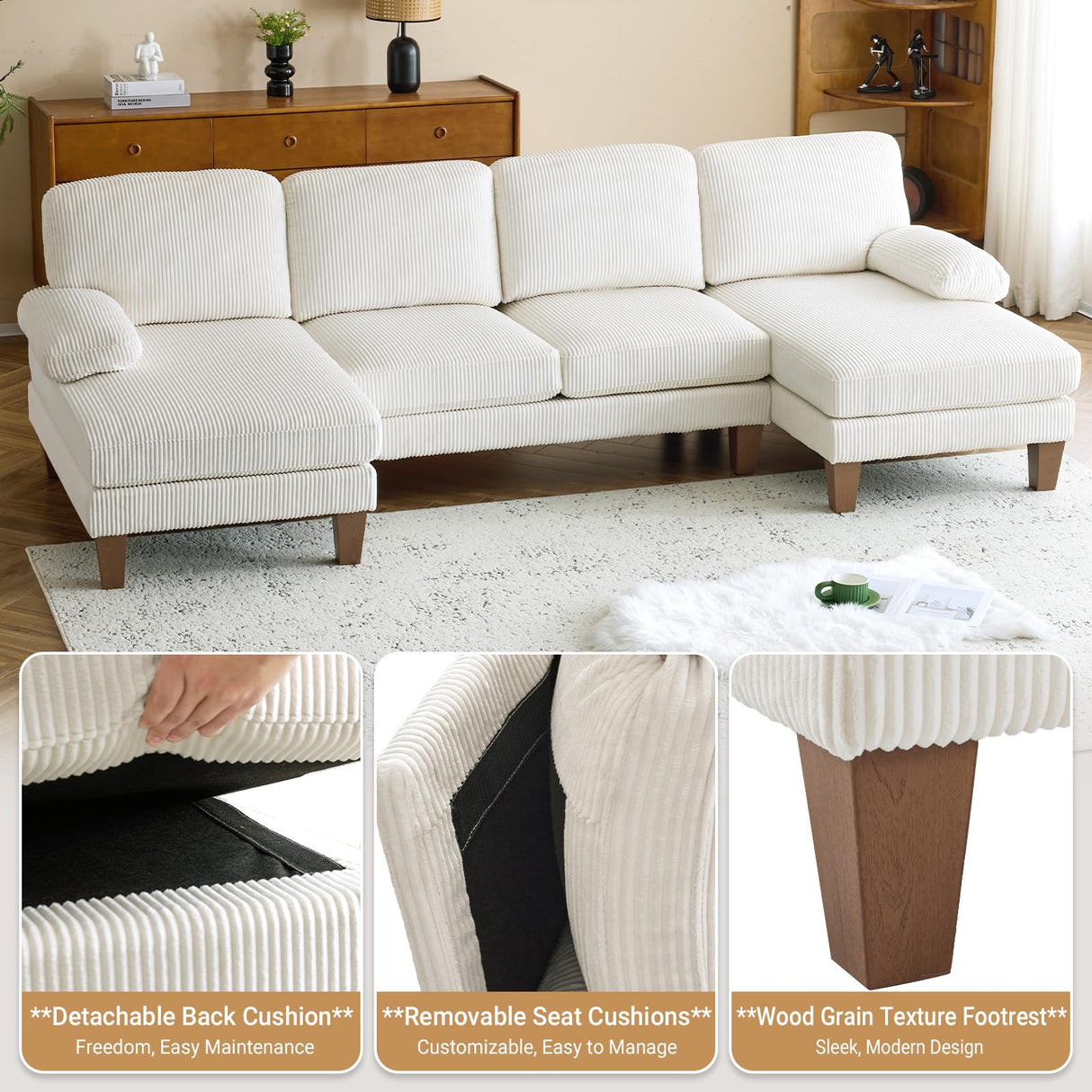 VINGLI 110' U Shaped Comfy Sectional Couch, Double Chaise Sofa in Corduroy Fabric for Apartment, 4-Seater Upholstered Couch with Memory Foam, Modern Couches for Living Room, Small Space, Beige VINGLI