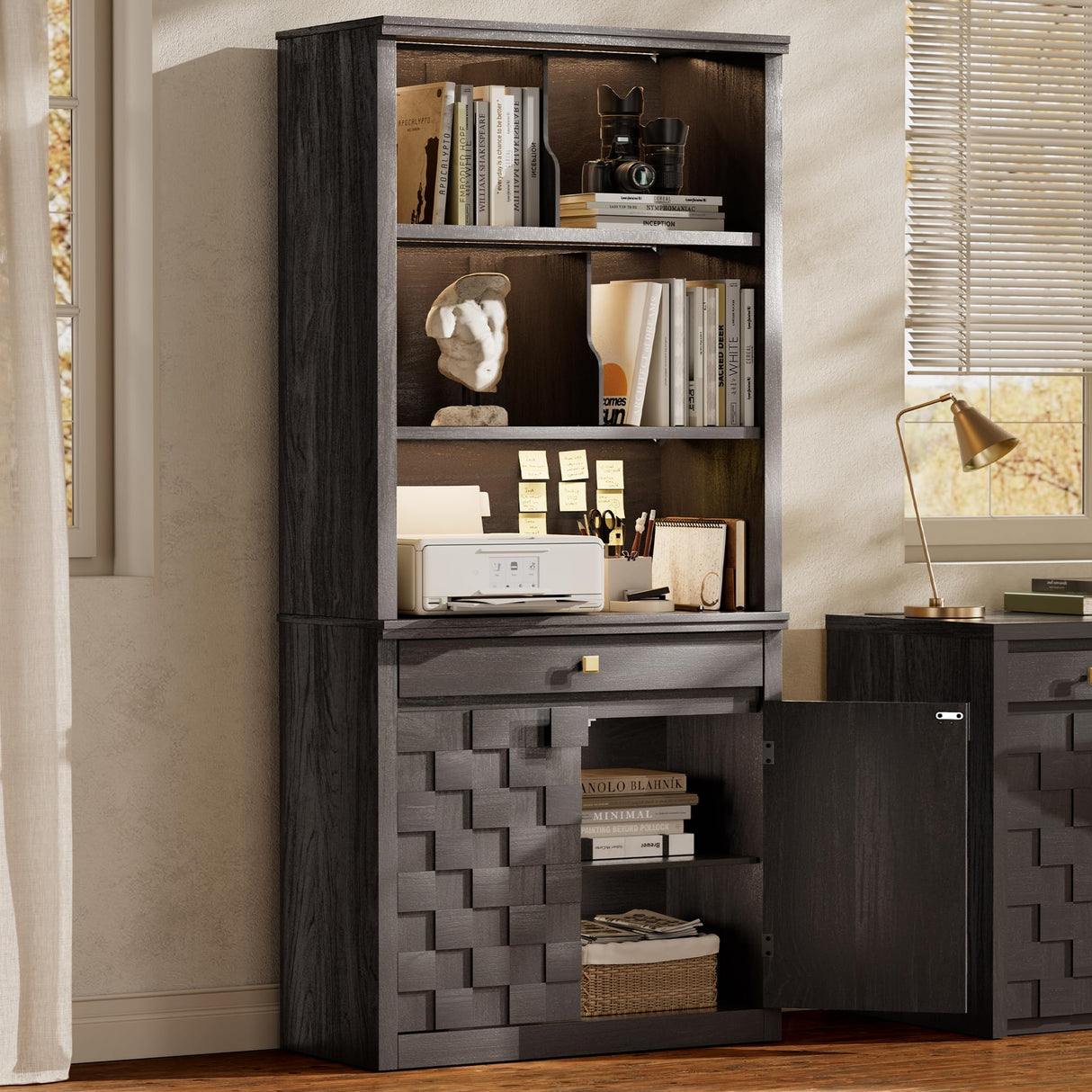 STO'SENSE 72.2" Tall Bookshelf & Bookcase with LED Lights, 6-Tier Bookshelf with Drawer and Open Shelves, Modern Display Storage Cabinet with Doors for Home Office, Living Room, Bedroom (1 Piece) STO'SENSE