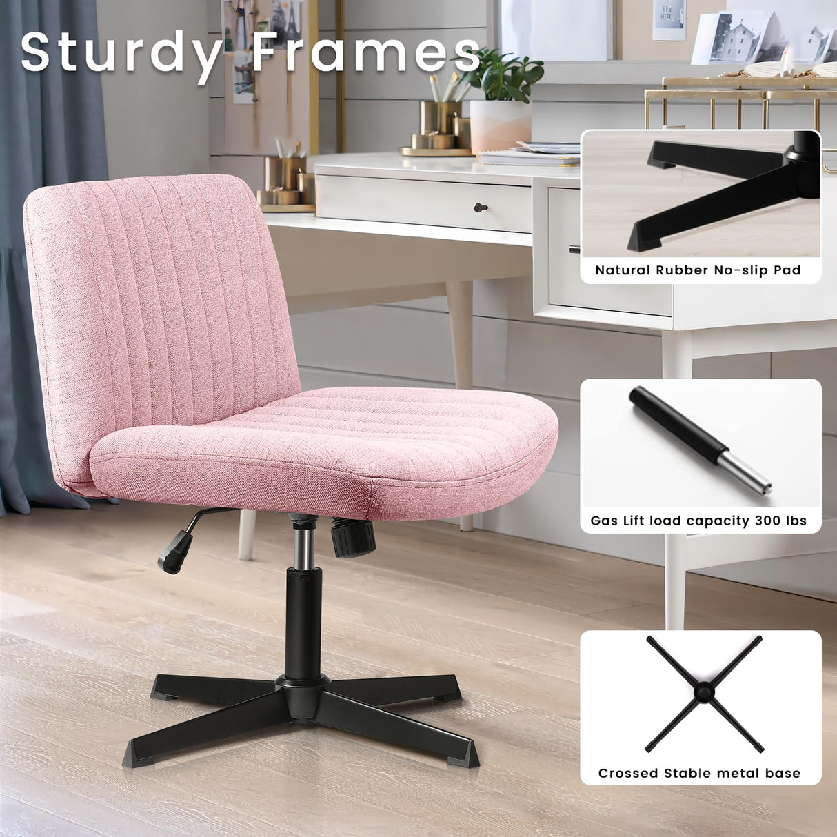 PUKAMI Criss Cross Chair,Armless Cross Legged Office Desk Chair No Wheels,Fabric Padded Modern Swivel Height Adjustable Mid Back Wide Seat Computer Task Vanity Chair for Home Office(Pink) PUKAMI