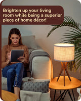 EDISHINE Mid Century Table Lamp, 17.5" Tripod Bedside Lamp with Deep Wood Color Light Base & Beige Linen Lampshade, Nightstand Lamp for Bedroom, Living Room, Reading Room, E26 Base EDISHINE