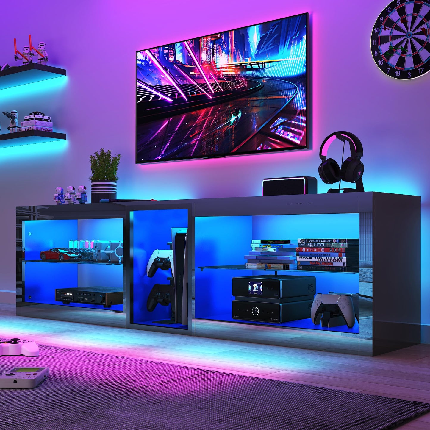 Vinctik 6&Fox High Gloss LED TV Stands w/Power Outlet,60,000-Colors Lighting for 70 75 80inch TV,Modern Black LED Entertainment Center w/Adjustable Glass Shelves for Living Room Gameroom