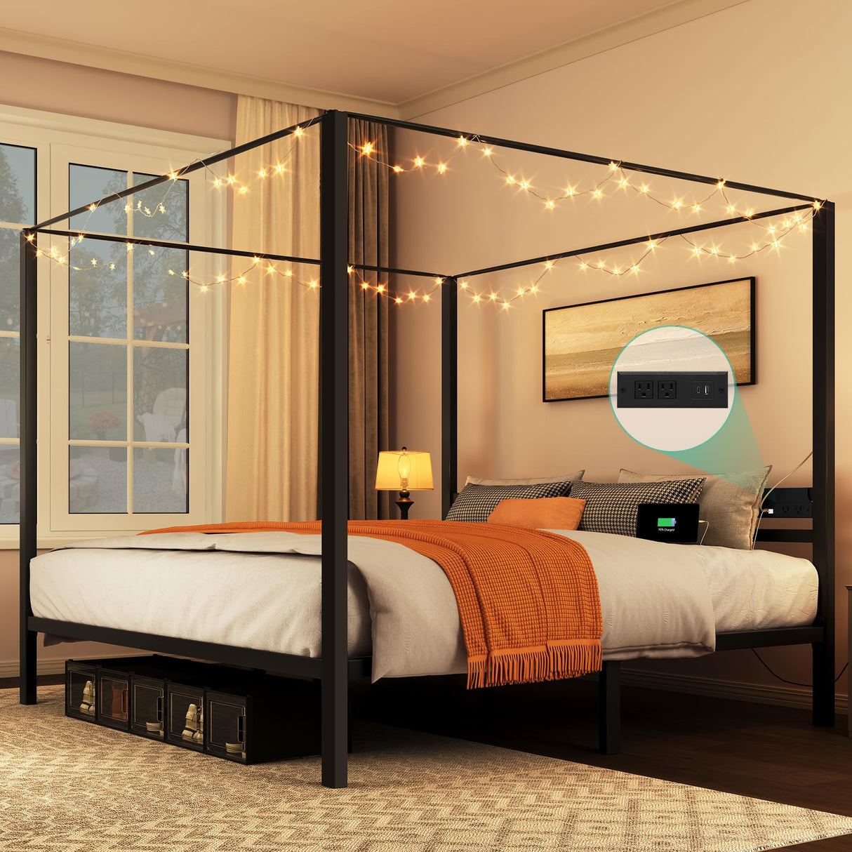 YITAHOME Canopy Bed Frame King, Four Poster Bed with Charge Station & Star-Shaped LED Light, 14 Inch Platform with Built-in Headboard Strong Metal Slat Mattress Support, No Box Spring Needed, Black YITAHOME
