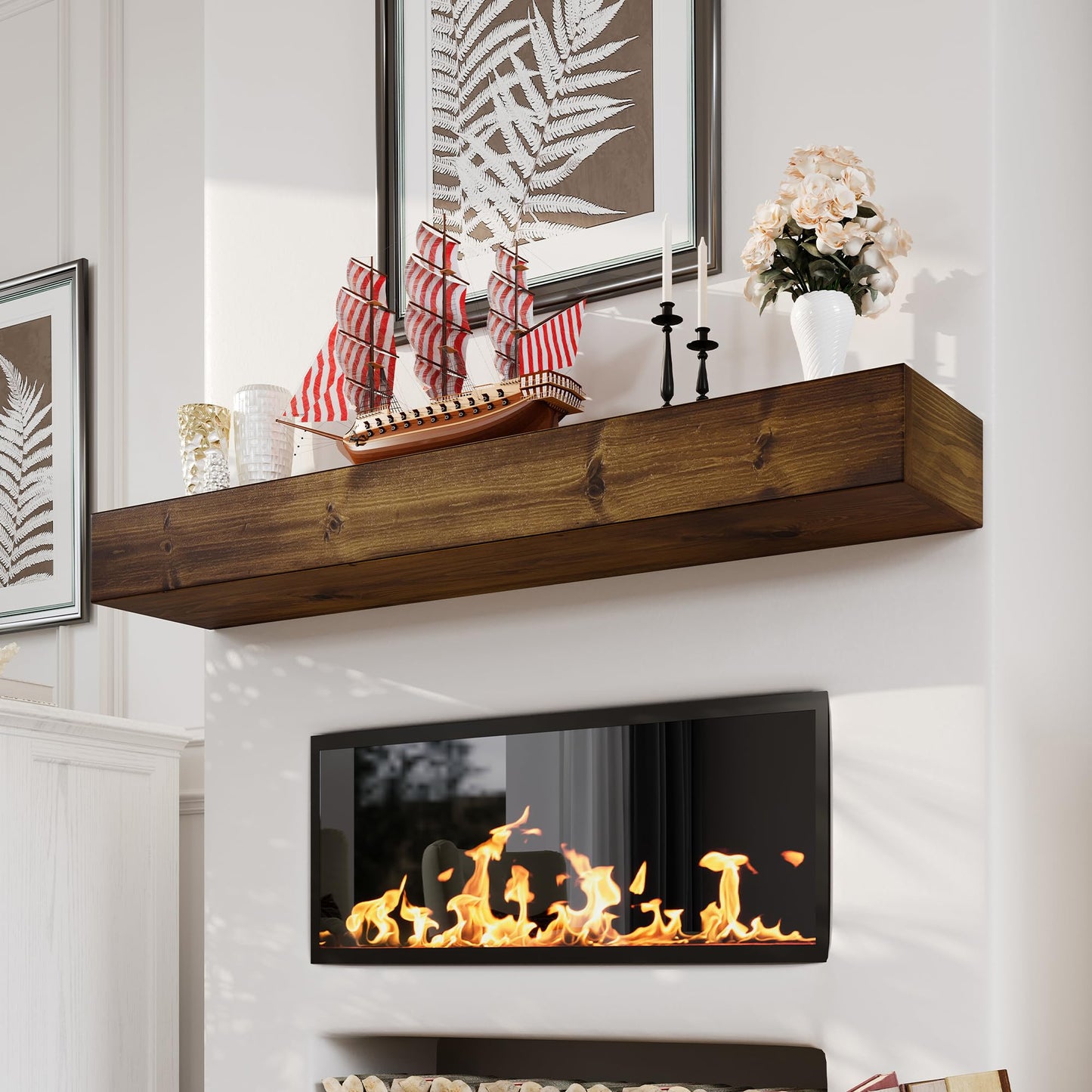 Woodlands-USA 48 Floating Fireplace Mantel Wood Shelf - Rustic Mantels For Over Fireplace, 48 Inch Handcrafted Wall Mounted Mantle Shelf, 48 Inches X 8 X 3 Fireplace Mantel Shelves - Traditional Brown