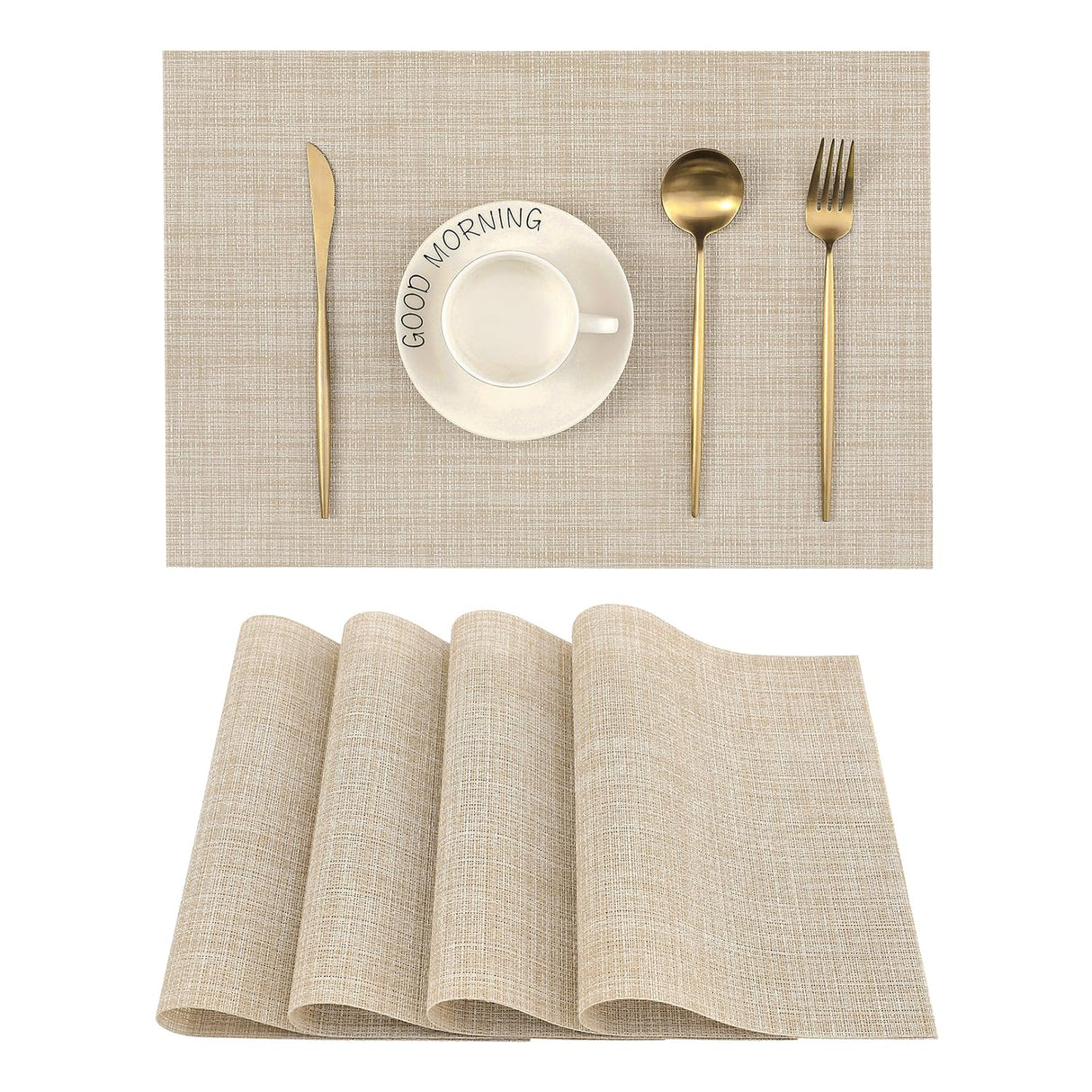 Leetaltree Beige Placemats Set of 4 - Heat Resistant Non-Slip Place mats for Dining Table, Washable Durable PVC Vinyl Woven Table Mats（Beige, 4） Leetaltree