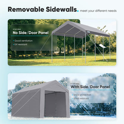 ADVANCE OUTDOOR 10x20 ft Adjustable Height Carport Heavy Duty Car Canopy Garage Shelter Boat Wedding Party Tent, Removable Sidewall and Doors, Grey