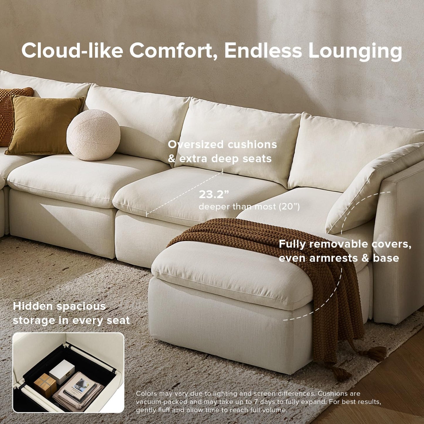 mopio Oversized Modular Sectional Sofa with Fully Removable Covers and Storage, Convertible U & L Shaped Sectionals, Modern Cloud Couch for Living Room with Ottoman Chaise, 4 to 8 Seats, Off White