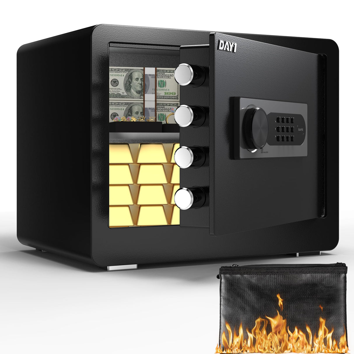 DAYI Safe Box, 1.4 Cubic Feet Home Safe with Fireproof Waterproof Bag, Security Safe Box for Money Cash Valuables, Digital Electronic Keypad, Dual Alarm System, Removable Shelf - D-35 DAYI