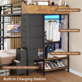 VIAGDO Bunk Bed Twin Over Twin with Hall Tree, Charging Station and LED Lights, L-Shaped Bunk Bed with Desk, 5 Storage Drawers, Twin Bunk Beds with Guardrail & Stairs, No Box Spring Needed, Black VIAGDO