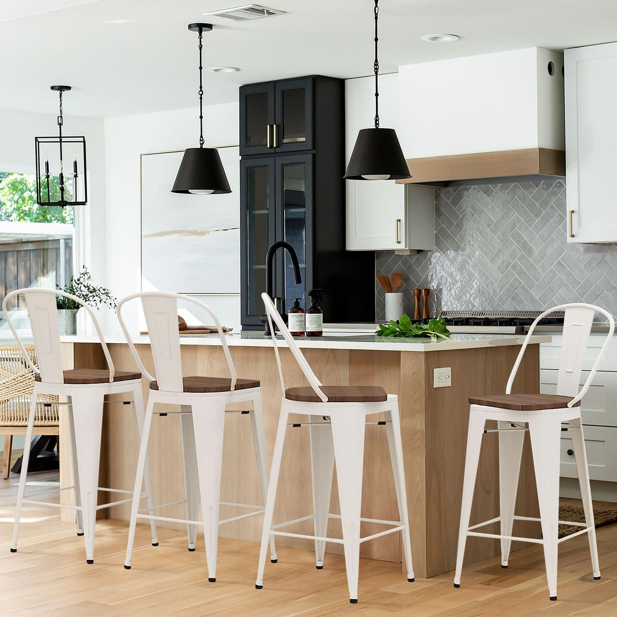 Alunaune 24" Swivel Metal Bar Stools Set of 4 High Back Counter Height Barstools Industrial Dining Bar Chairs with Large Wooden Seat-White Alunaune