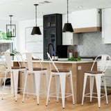 Alunaune 24" Swivel Metal Bar Stools Set of 4 High Back Counter Height Barstools Industrial Dining Bar Chairs with Large Wooden Seat-White Alunaune