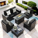 VONZOY 7 Piece Patio Furniture Set with Fire Pit Table, Outdoor Sectional Conversation Sets Black Wicker Rattan Sofa with Coffee Table for Patio Garden Backyard, 4'' Thickened Cushion Black VONZOY