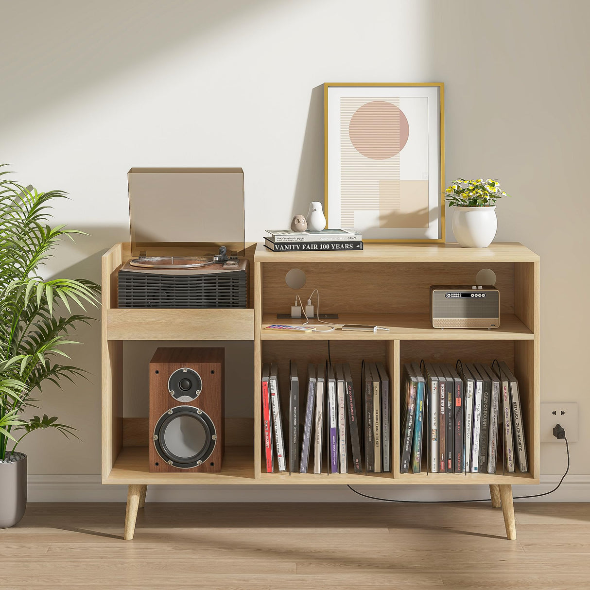 Record Player Stand with Charging Station & USB Ports, Mid-Century Turntable Stand Table Holds Up to 300 Albums, Vinyl Record Storage Cabinet with Wood Legs for Living Room Office (Wood) Oubayajia