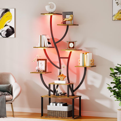 YITAHOME Tall Bookshelf with LED Light, Artistically Designed Tree Bookshelf 8-Tier Shelves, S Shaped Unique Bookshelves Corner Display Shelf for Home Office, Bedroom YITAHOME