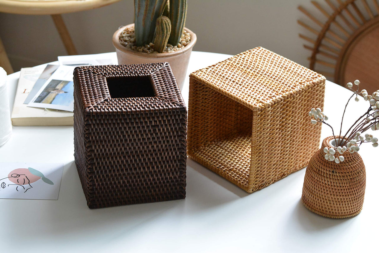 Rattan Tissue Box Cover Square, Hand Woven Wicker Tissue Holder, 5.5 x 5.5 X 5.7 inch, Natural YANGQIHOME