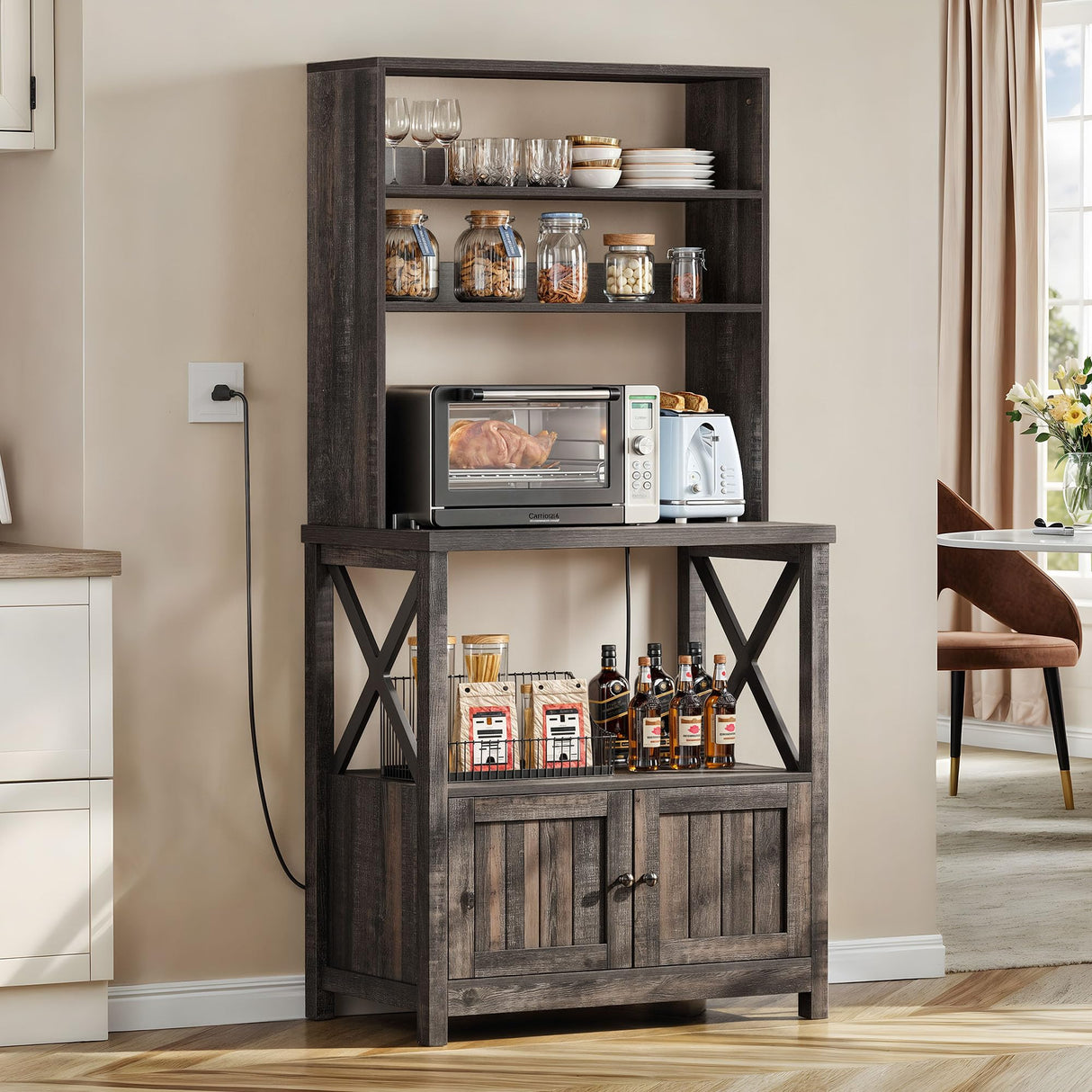 DWVO Black Bakers Rack with Power Outlet and Storage Door Cabinet 5-Tiers Kitchen Tall Microwave Stand Farmhouse Small Pantry Hutch Freestanding Thickened Counter Coffee Bar with Storage Shelves DWVO