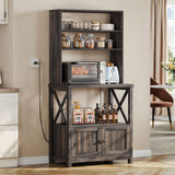 DWVO Black Bakers Rack with Power Outlet and Storage Door Cabinet 5-Tiers Kitchen Tall Microwave Stand Farmhouse Small Pantry Hutch Freestanding Thickened Counter Coffee Bar with Storage Shelves DWVO