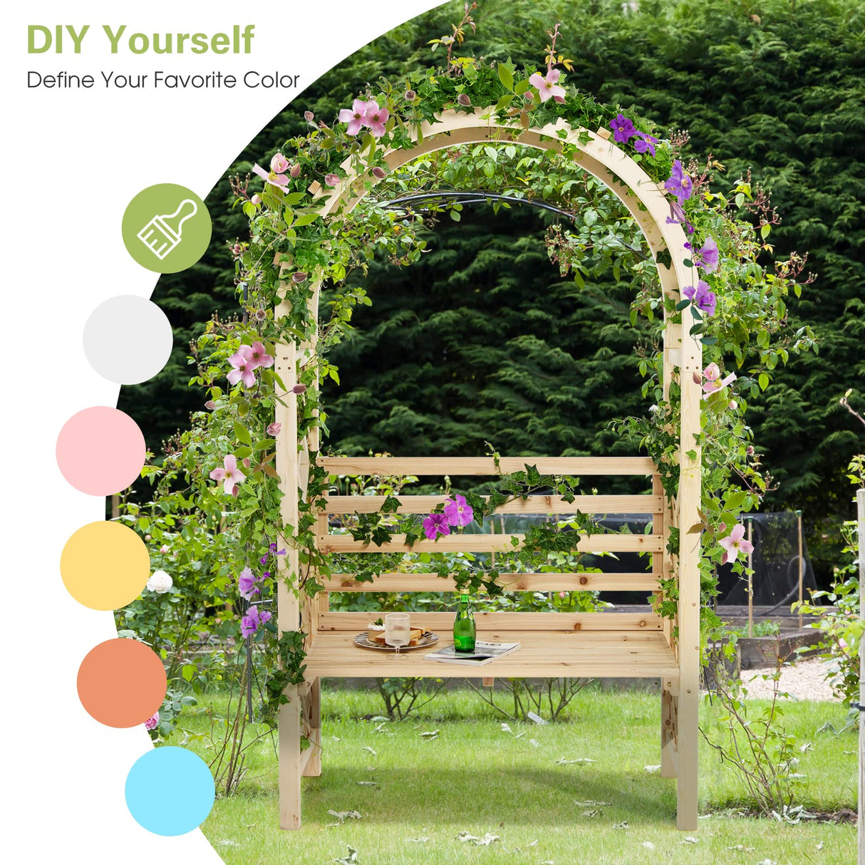 Tangkula 81.5 Inch Wooden Arch with 2 Person Bench, Garden Arbor with Trellis for Climbing Plants, Fir Wood Outdoor Decoration Garden Archway for Vines, Flowers, Wedding, Bridal Party, Ceremony Tangkula