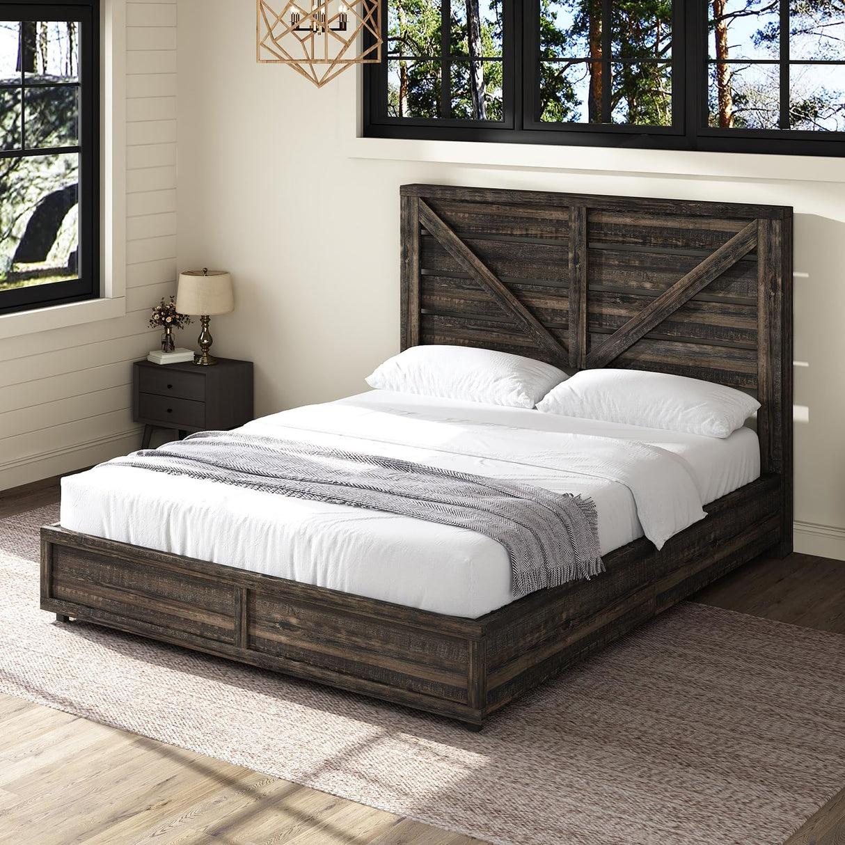 AMERLIFE Queen Size Farmhouse Bed Frame with 4 Drawers, Wooden Storage Bed Frame with Headboard and Heavy Duty Metal Slats, Noisy Free, Easy Assemble, Rustic Black AMERLIFE