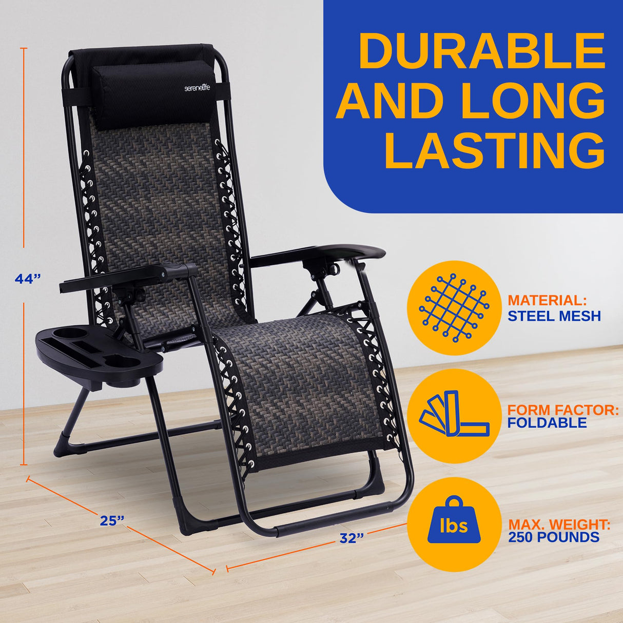 SereneLife Outdoor Zero Gravity Lawn Chair Black Adjustable Foldable Recliner with Detachable Side Table Cup Holder Padded Pillow Lightweight Patio Furniture Reclining Chair for Outdoors SereneLife