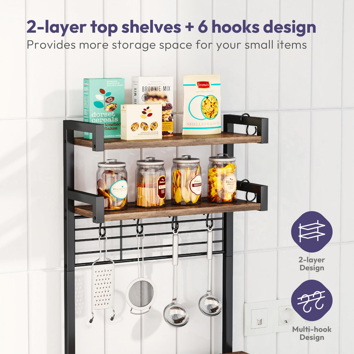 SWTYMIKI 6-Tier Coffee Bar Station - Bakers Rack with Drawer & 6 S-Shaped Hooks, Corner Coffee Stand Station, Coffee Bar Cabinet for Kitchen Entryway Living Room,11.81" Dx18.9 Wx56.7 H, Rustic Brown SWTYMIKI