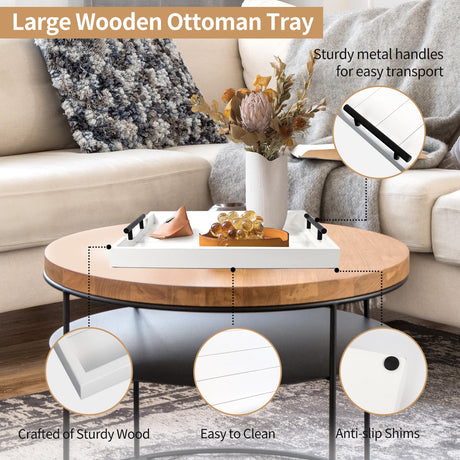 SXNOWS Coffee Table Tray - Large Ottoman Tray for Living Room - Wood Serving Tray with Handles(2 Sets) - Wooden Tray for Coffee Table, 4 Round Coasters Included, White SXNOWS