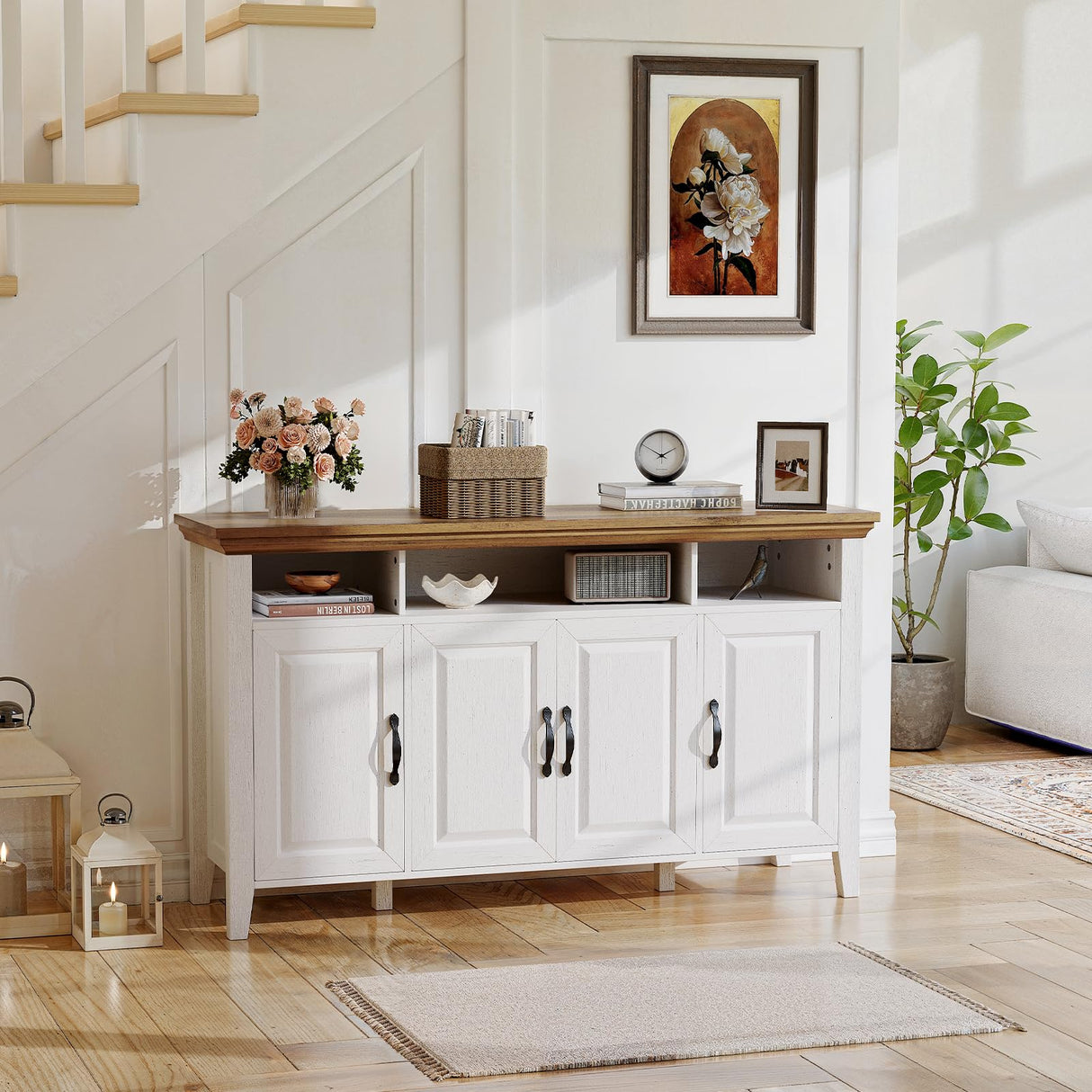 Marsail 55" Buffet Cabinet with Storage, Farmhouse Kitchen Sideboard Cabinet w/4 Doors & Shelves, Coffee Bar Buffet Table for Dining Room, Brown White Marsail