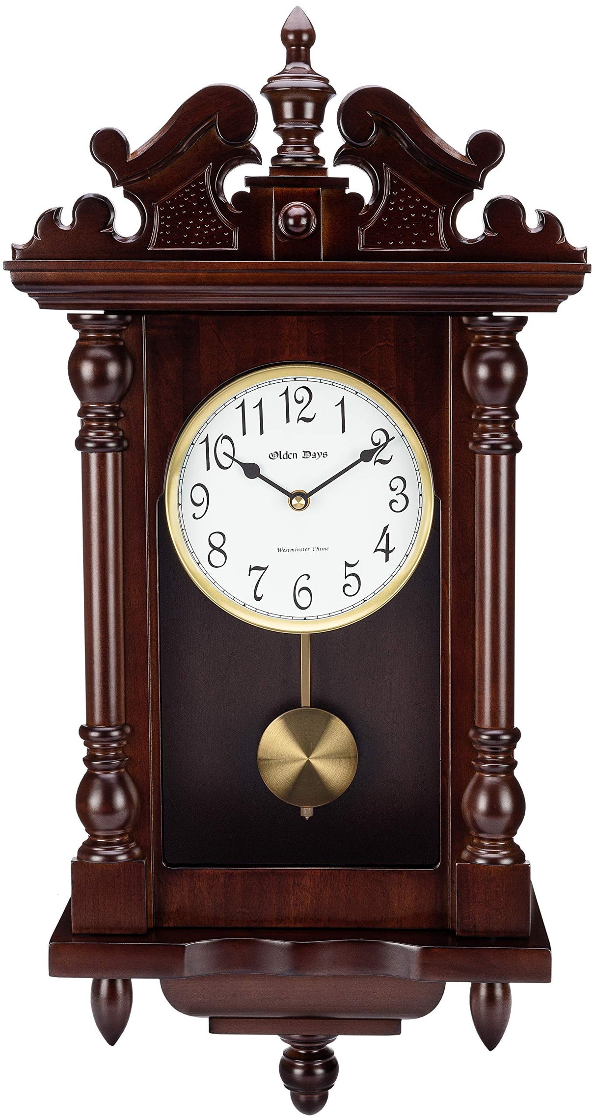 Olden Days Wall Clock with Real Wood, 4 Chime Options, Swinging Pendulum, Antique Vintage Design, 22" Large Olden Days