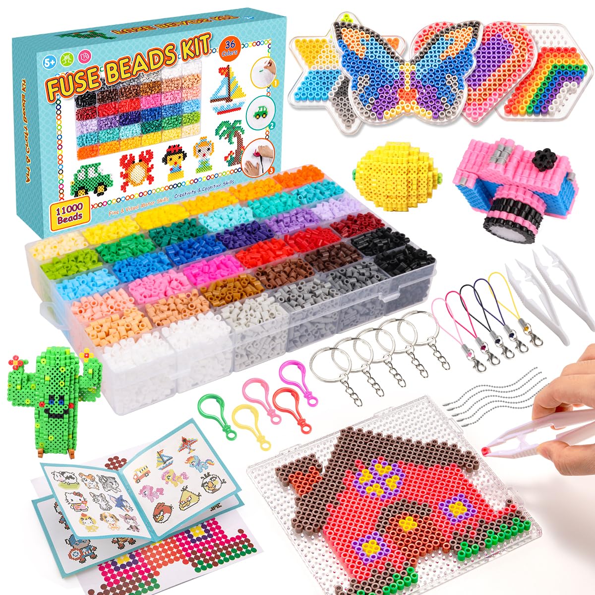 Meland Fuse Beads Kit - 11,000 pcs 36 Color Beads for Craft for Girls Age 5-12 Year Old,5MM Melty Beads Set Including 5 Pegboards, Ironing Paper & Chain Accessories Iron Beads Christmas Birthday Gift Meland