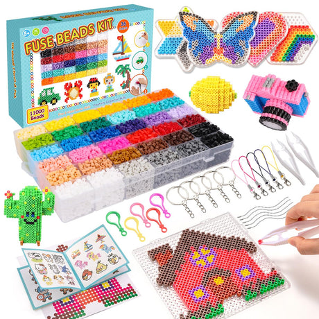 Meland Fuse Beads Kit - 11,000 pcs 36 Color Beads for Craft for Girls Age 5-12 Year Old,5MM Melty Beads Set Including 5 Pegboards, Ironing Paper & Chain Accessories Iron Beads Christmas Birthday Gift Meland