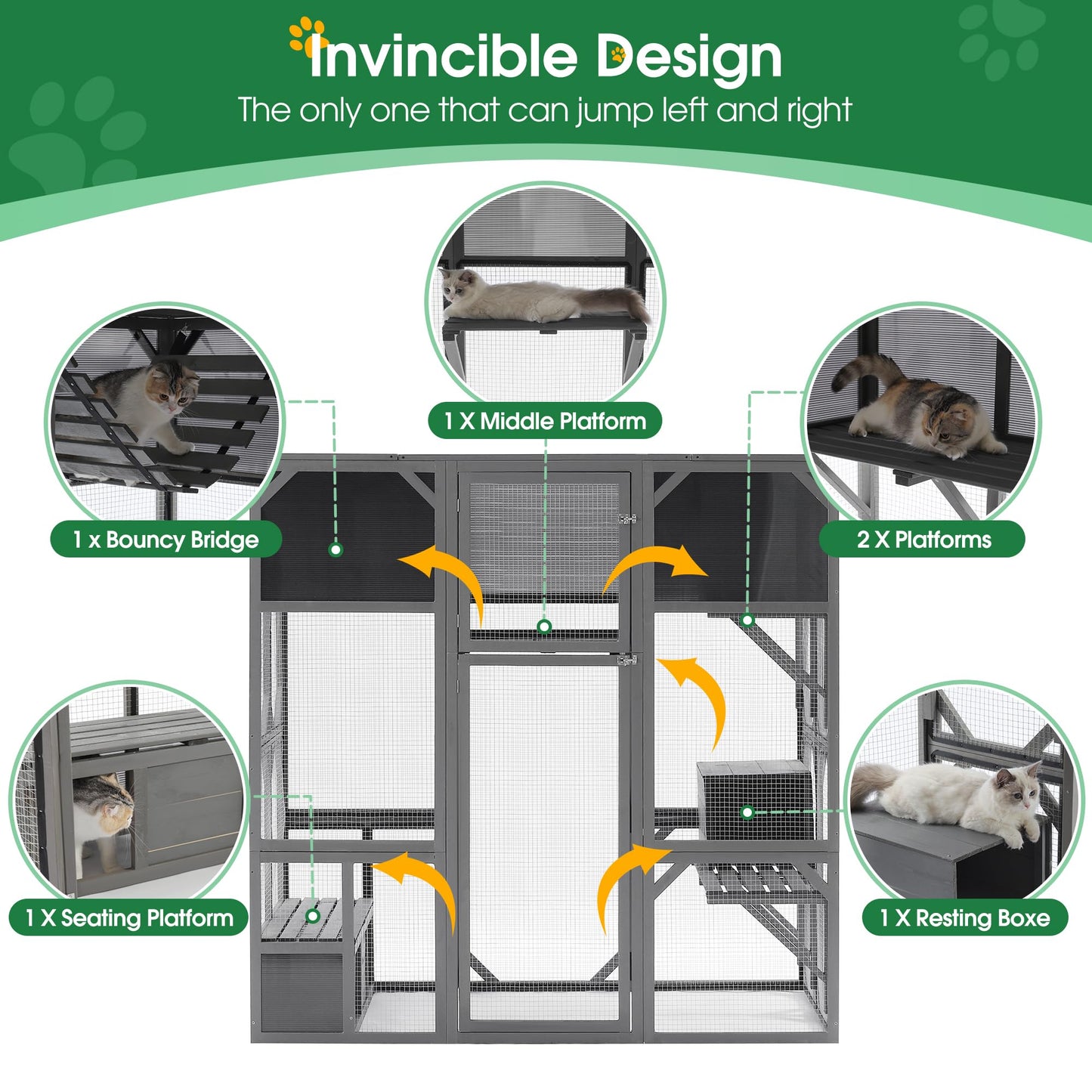 Miscoos Outdoor Wooden Cat Catio Enclosure, Super Large Entry, L67.5'', Walk-in Kitten Cage with Bouncy Bridge, Platforms, Small Houses, Dark Grey Sunshine Board - Ideal for Safe Play and Relaxation