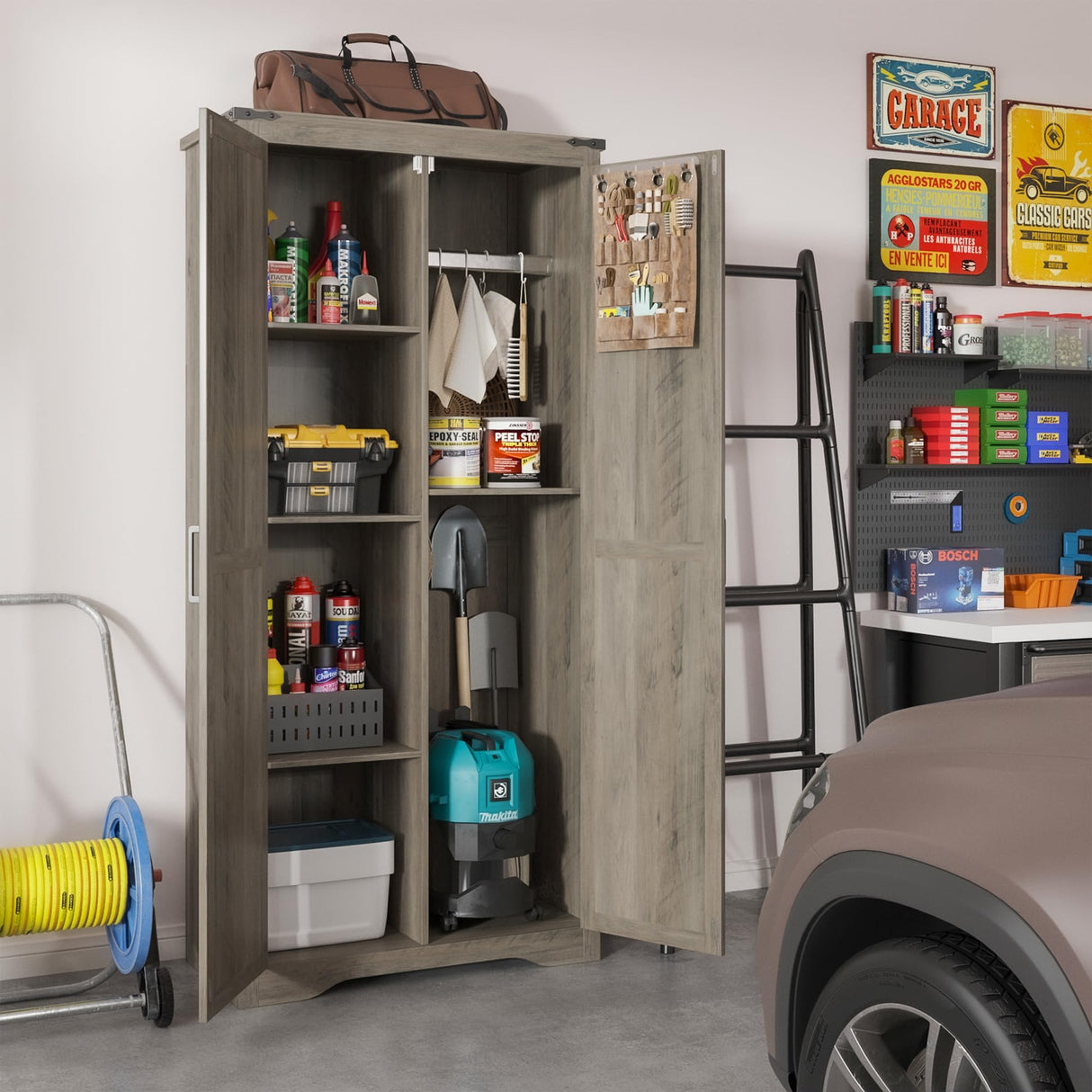 Befrases Farmhouse Rustic Grey Storage Cabinet with Adjustable Shelves, Large Pantry Organize with 2 Barn Doors, Tall Freestanding Cabinet for Kitchen, Bathroom/Garage/Basement/Living/Utility Room Befrases