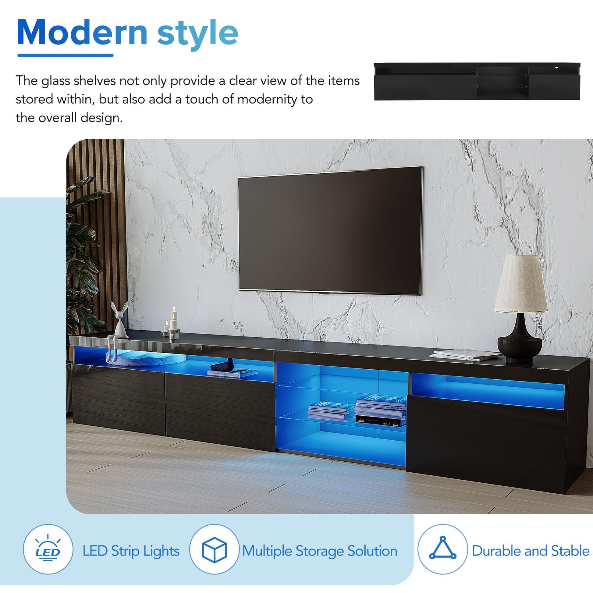 Bellemave LED TV Stand for TVs Up to 100",Ample Storage Space Media Console with 2 Glass Shelves,Versatile TV Cabinet with LED Color Changing Lights for Living Room(Black) - WoodArtSupply