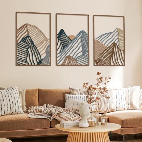 Peryiter 3 Pcs Mountain Metal Wall Art Mountain Line Wall Decor Abstract Minimalist Rustic Nature Decor for Home Bathroom Living Room(Vibrant Colors) Peryiter