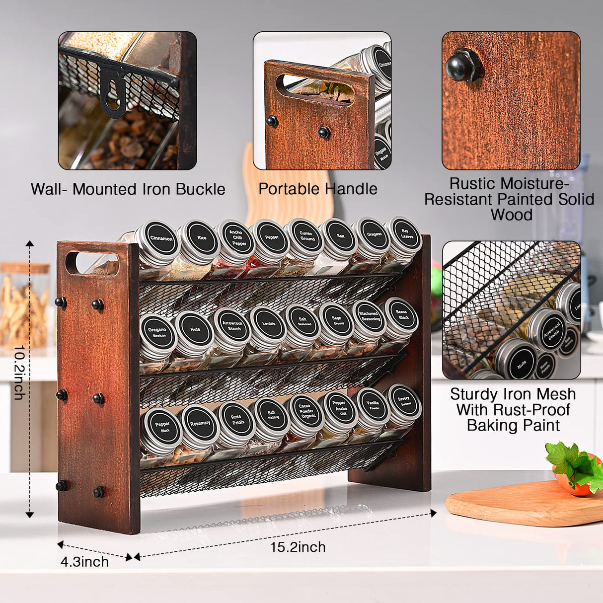 Roykoota Spice Rack, Spice Rack Organizer without Seasoning Jars, Wooden Spice Organizer, Rustic 3 Tier Kitchen Spice Rack Shelf for Cabinet, Countertop or Wall Mount Roykoota