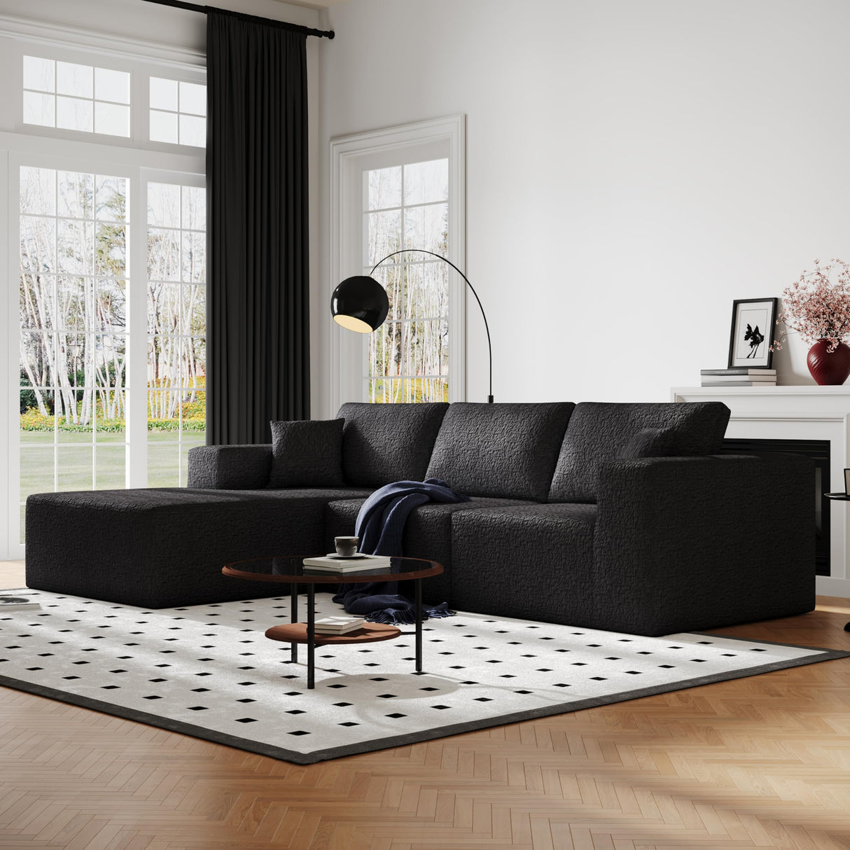 108" Cloud Modular Sectional Couch with L-Shape Chaise, Modern Sectional Sofa with Deep Seat Couch, Ultra Soft Knit Fabric Couches for Living Room, No Assembly Required, Left Facing Chaise (Black) YVDNHP