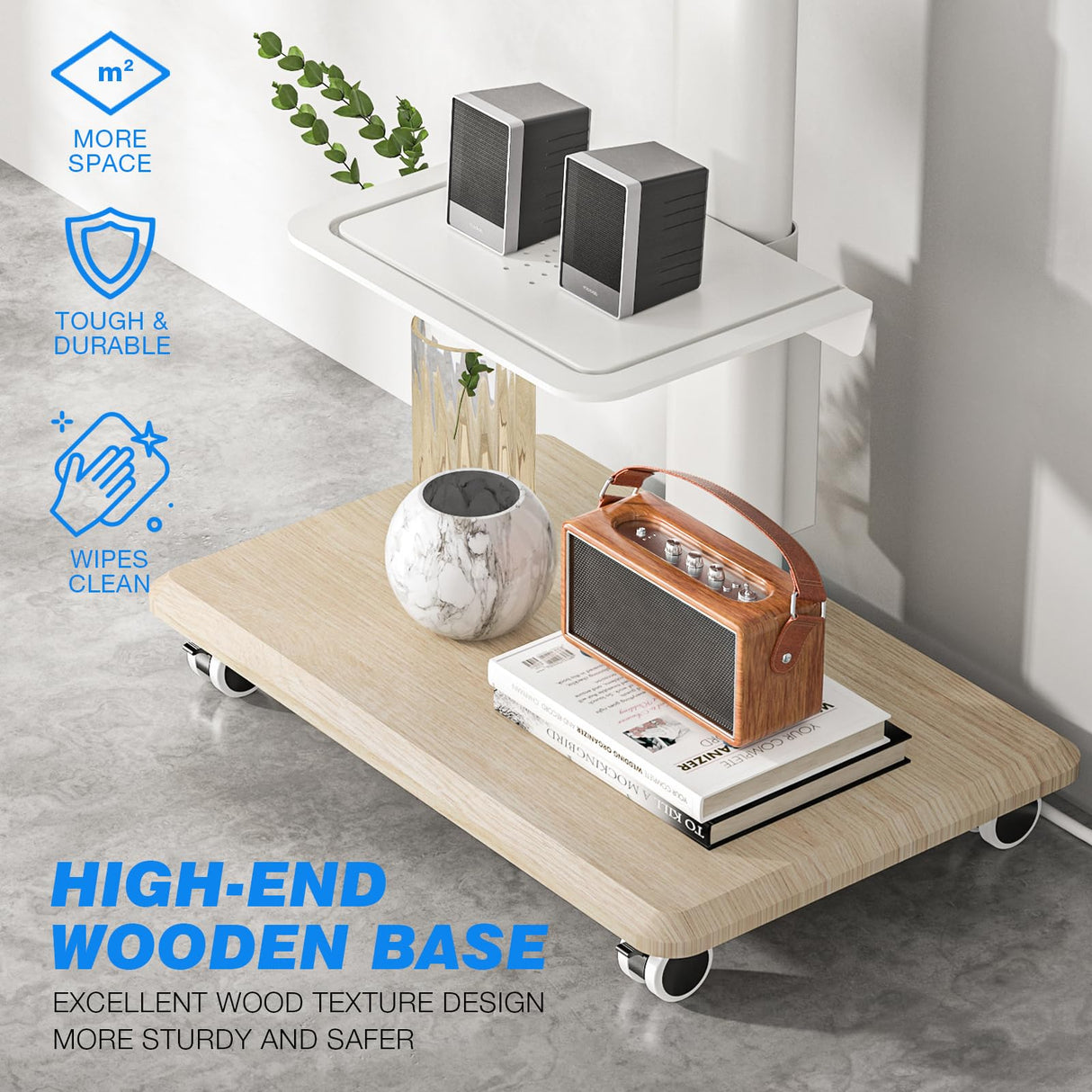 Rfiver Sleek Rolling TV Stand with Power Outlet for Home Decor, Height Adjustable Portable TV Stand on Wheels for 32-70 Inch TVs, Strong Tall Mobile TV Cart with Mount Up to 88 lbs, White Rfiver